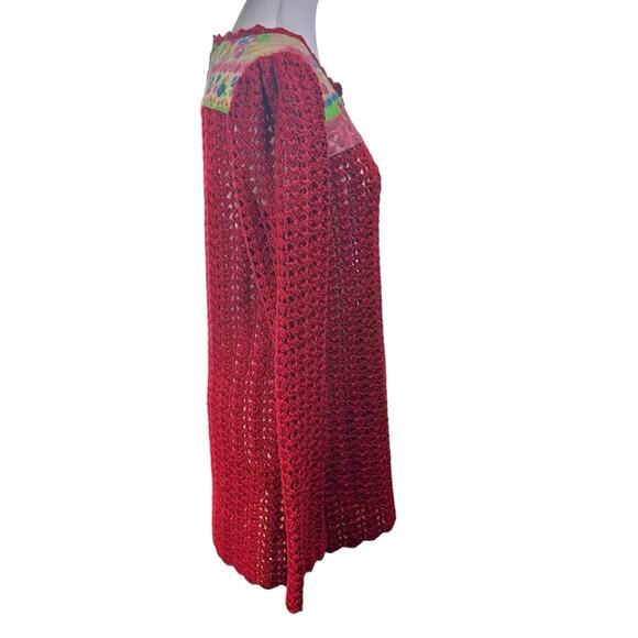 Free People Crochet Quilted Floral Sweater Red Boho Artsy Size Medium - Picture 4 of 8